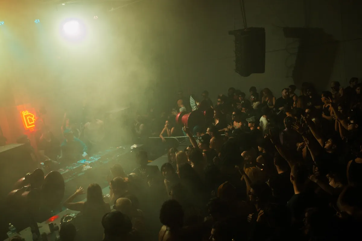 Strobe lights at ÄGAPĒ underground event in Brooklyn